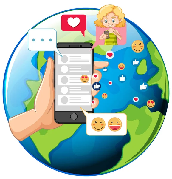 Bambini Con Elementi Social Media Sulla Terra Illustrazione Globo — Vettoriale Stock