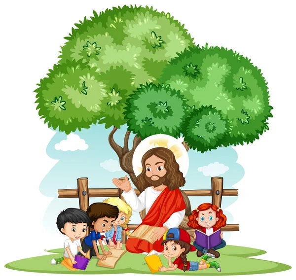 Jesus Preaching Children Group Cartoon Character Illustration — Stock Vector