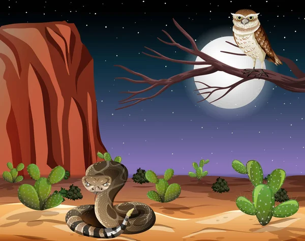 Desert with rock mountains and desert animals landscape at night scene illustration