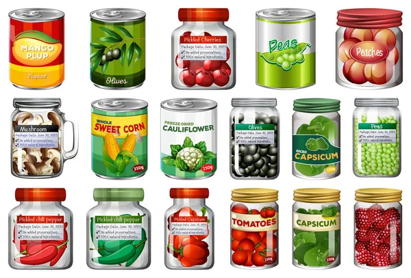 Ensemble Différents Aliments Conserve Aliments Dans Des Pots Illustration Isolée — Image vectorielle