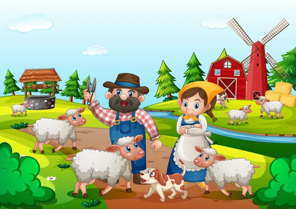 Farm Red Barn Windmill Scene Illustration — Stock Vector