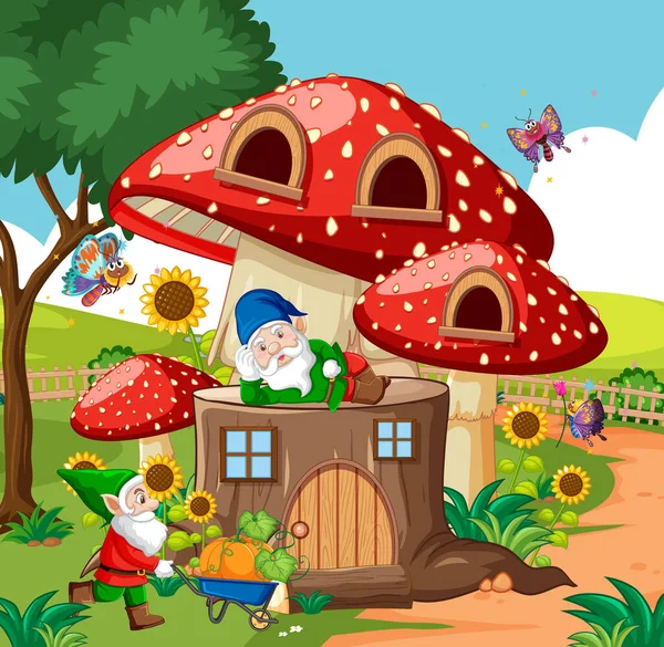 Gnomes Timber Mushroom House Garden Cartoon Style Garden Background Illustration — Stock Vector