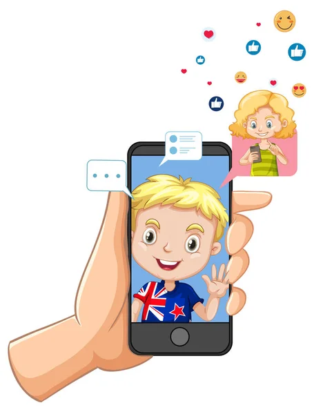 Bambini Con Elementi Social Media Sfondo Bianco Illustrazione — Vettoriale Stock