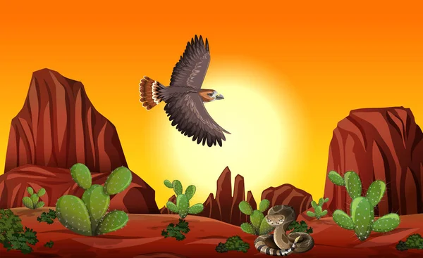 Έρημος Βραχώδη Βουνά Και Ζώα Της Ερήμου Τοπίο Στο Ηλιοβασίλεμα — Διανυσματικό Αρχείο