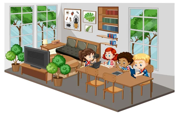 Glückliche Kinder Bei Hausaufgaben Wohnzimmer Illustration — Stockvektor