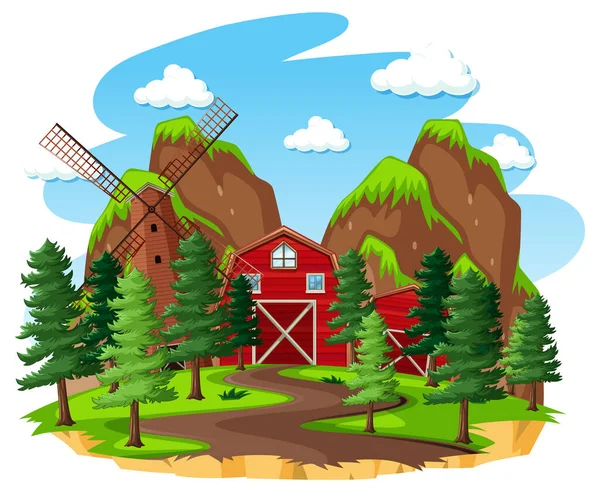 Granja Con Granero Rojo Molino Viento Sobre Fondo Blanco Ilustración — Vector de stock