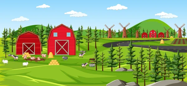 Lahan Pertanian Dengan Ilustrasi Pemandangan Lumbung - Stok Vektor