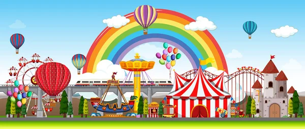 Amusement Park Scene Overdag Met Ballonnen Regenboog Lucht Illustratie — Stockvector