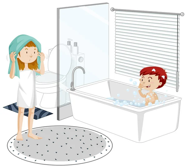 一个年轻的女孩和她的哥哥带着浴室家具的白色背景插图 — 图库矢量图片