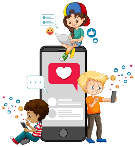 Kinderen Met Social Media Elementen Witte Achtergrond Illustratie — Stockvector