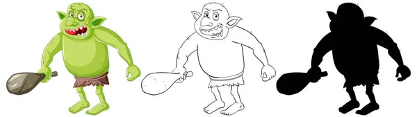 Goblin Trol Houden Jacht Tool Kleur Omtrek Silhouet Cartoon Karakter — Stockvector