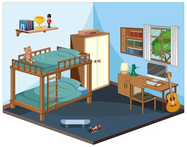 Interior Del Dormitorio Con Muebles Azul Tema Ilustración — Vector de stock