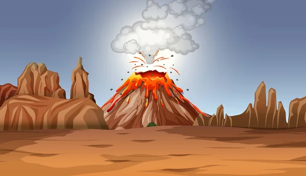 Erupción Del Volcán Escena Del Desierto Durante Día Ilustración — Archivo Imágenes Vectoriales