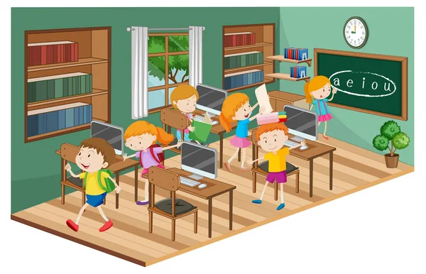 Studenter Klassrummet Med Många Datorer Illustration — Stock vektor