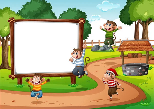 Houten Lege Banner Het Park Scene Met Vier Apen Illustratie — Stockvector