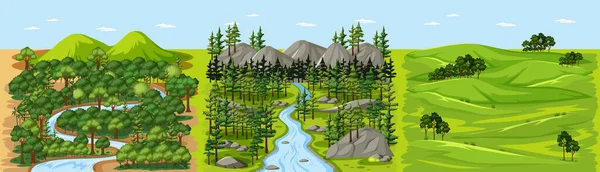 Corriente Bosque Naturaleza Paisaje Escena Ilustración — Vector de stock