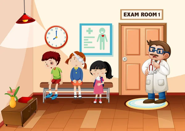 Anak Rumah Sakit Dengan Ilustrasi Adegan Dokter - Stok Vektor