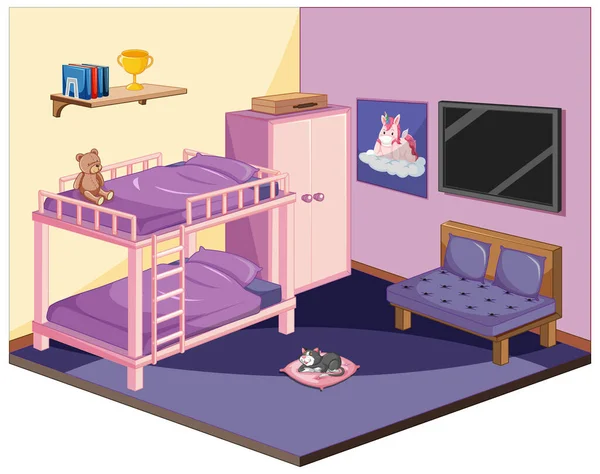 Schlafzimmer Rosa Farbthema Isometrische Illustration — Stockvektor