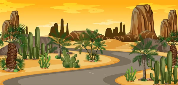 Oasis Del Desierto Con Palmeras Ilustración Paisaje Naturaleza Vial — Vector de stock