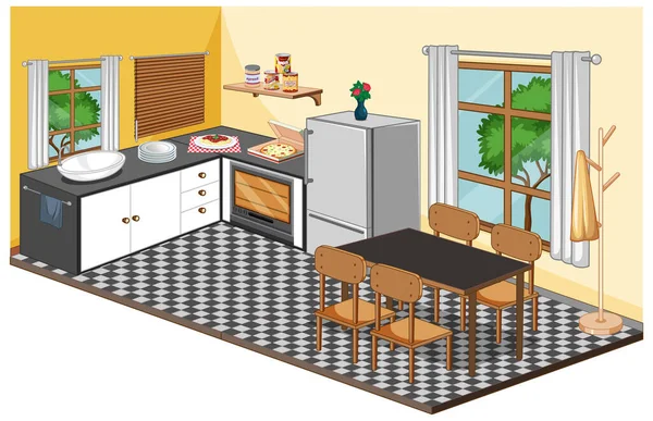 Sala Pranzo Interno Con Mobili Stile Moderno Illustrazione — Vettoriale Stock