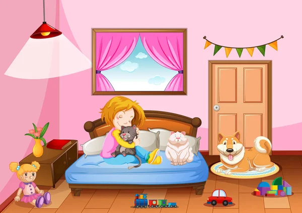 寝室の女の子でピンク色のテーマで女の子とペット動物イラスト — ストックベクタ