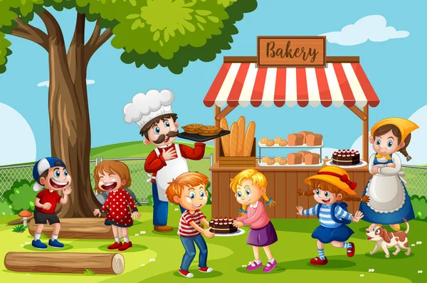 Devant Boulangerie Avec Boulanger Dans Parc Illustration Scène — Image vectorielle