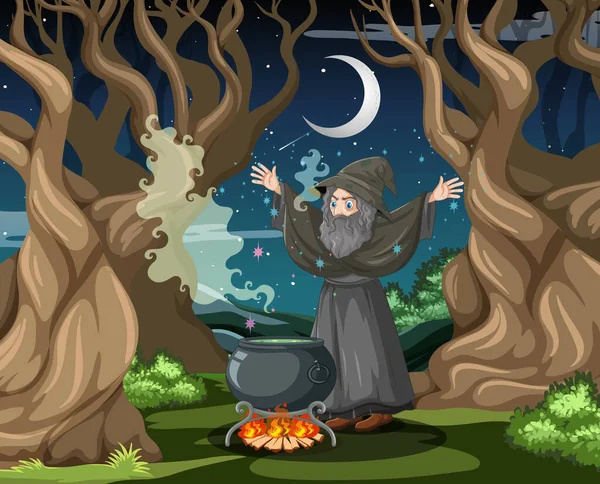 Чарівник Чорним Магічним Стилем Карикатури Фоні Темного Лісу Ілюстрація — стоковий вектор