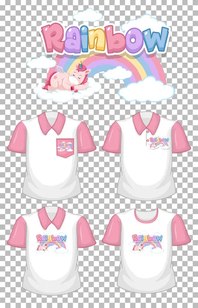 Unicornio Con Logo Arco Iris Conjunto Camisa Blanca Con Mangas — Vector de stock