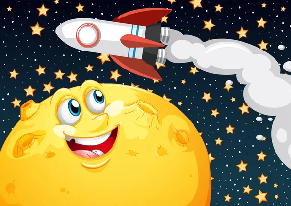 Luna Con Cara Feliz Cohete Galaxia Espacial Tema Fondo Ilustración — Vector de stock
