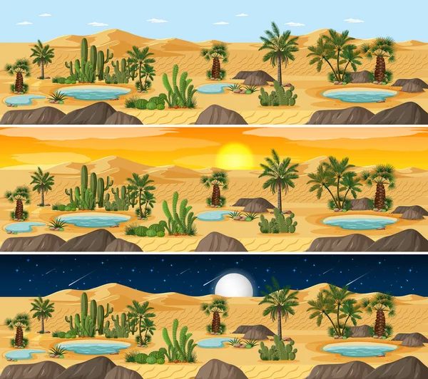 Desierto Naturaleza Paisaje Escena Diferentes Momentos Del Día Ilustración — Archivo Imágenes Vectoriales