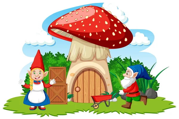 Gnomes Paddestoel Huis Cartoon Stijl Witte Achtergrond Illustratie — Stockvector