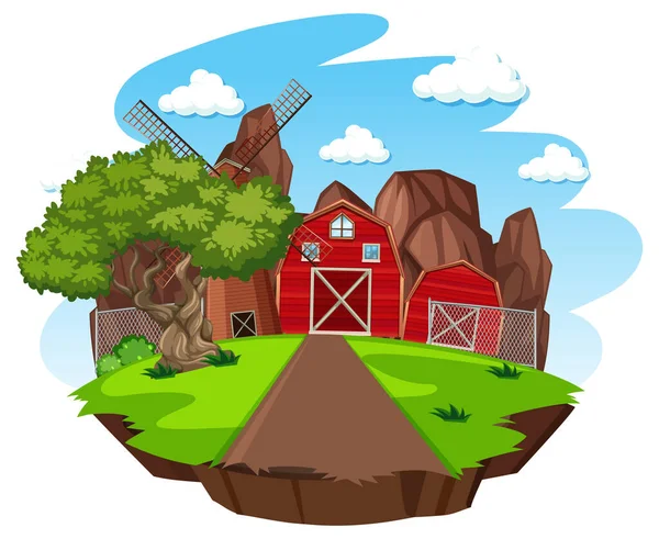 Ferme Avec Grange Rouge Moulin Vent Sur Fond Blanc Illustration — Image vectorielle