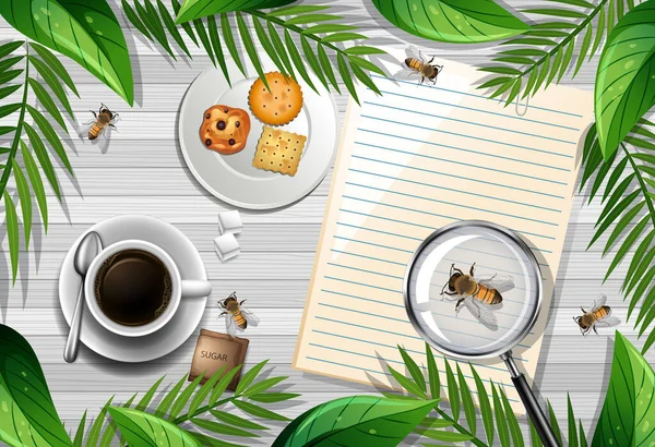 オフィスオブジェクトと葉や昆虫の要素のイラストと木製のテーブルのトップビュー — ストックベクタ