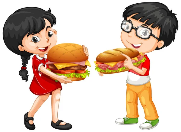 Enfants Mignons Tenant Illustration Sandwich — Image vectorielle
