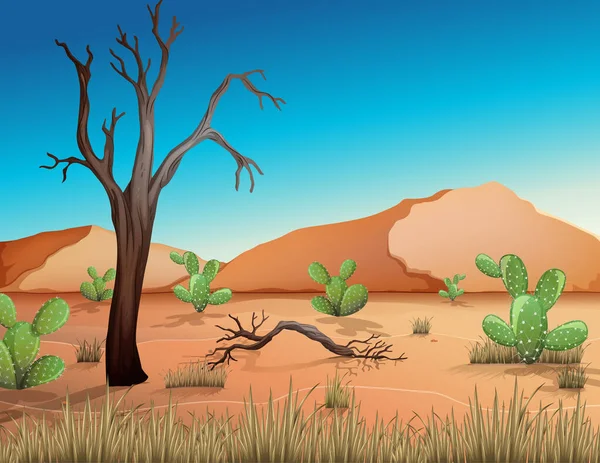 Deserto Com Montanhas Areia Paisagem Cacto Dia Ilustração Cena — Vetor de Stock