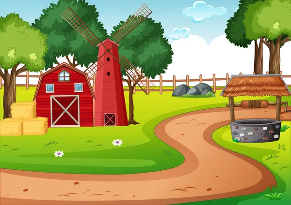 Schuur Widmill Boerderij Scene Illustratie — Stockvector