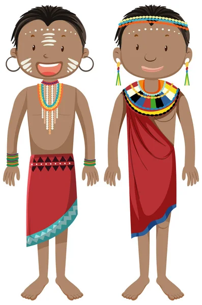 Popolo Etnico Tribù Africane Abbigliamento Tradizionale Cartone Animato Personaggio Illustrazione — Vettoriale Stock