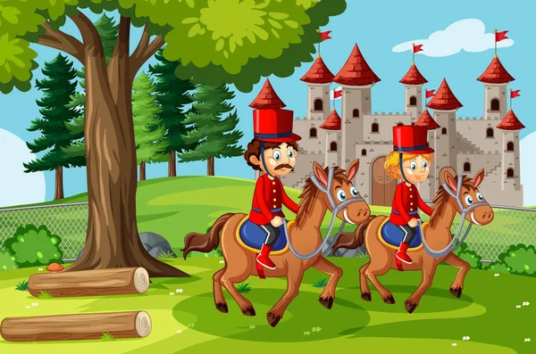 带有城堡和士兵皇家卫队场景的童话场景 — 图库矢量图片
