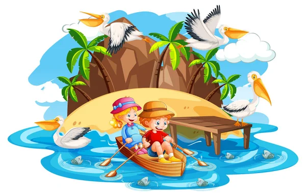 Kinderen Roeien Boot Beek Strand Scene Witte Achtergrond Illustratie — Stockvector