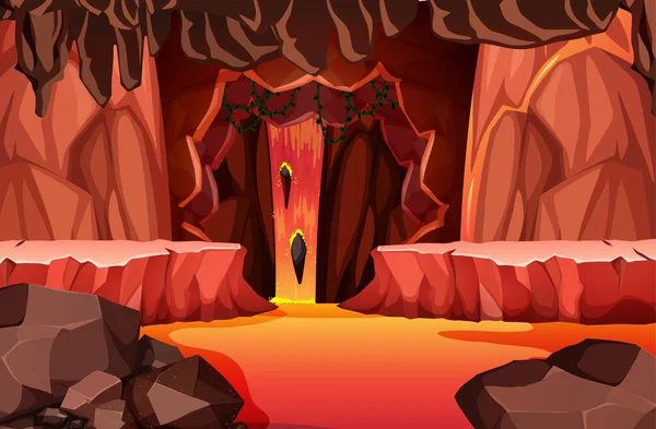 Адская Темная Пещера Иллюстрацией Лавовых Сцен — стоковый вектор
