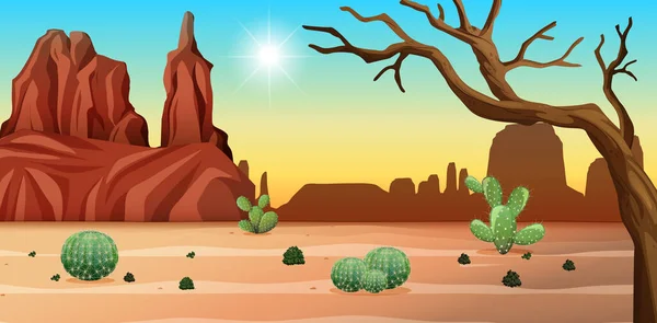 Desert Med Berg Och Kaktus Landskap Dagen Scen Illustration — Stock vektor