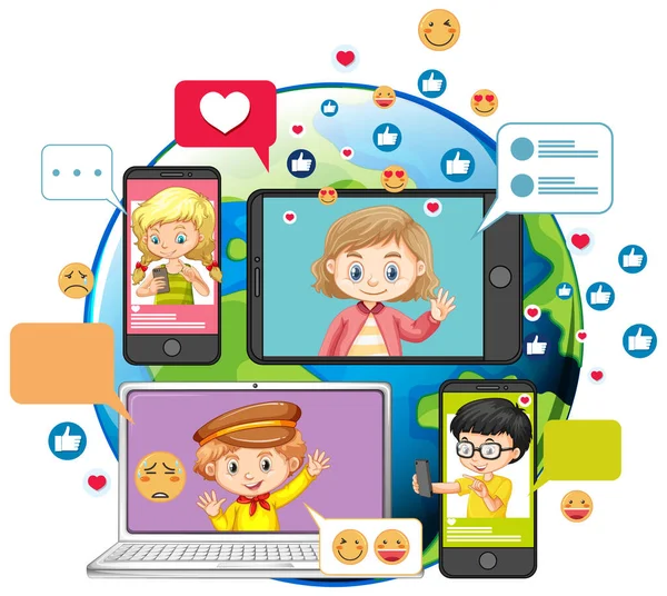 Bambini Con Elementi Social Media Sfondo Bianco Illustrazione — Vettoriale Stock