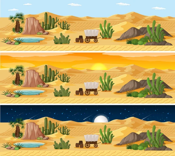 Desert Natur Landskap Scen Vid Olika Tider Dygnet Illustration — Stock vektor