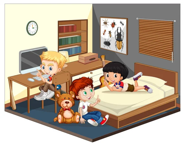 Drei Jungen Schlafzimmer Szene Auf Weißem Hintergrund Illustration — Stockvektor