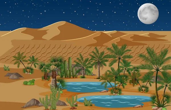 Oasi Desertica Con Palme Cactus Paesaggio Naturale Notte Scena Illustrazione — Vettoriale Stock