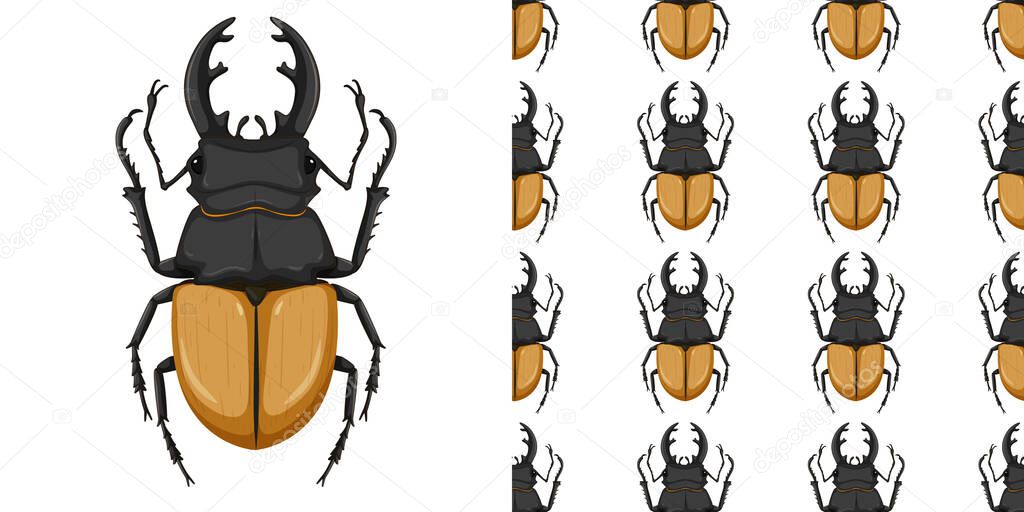 Stag beetle isolated on white background and seamless illustration