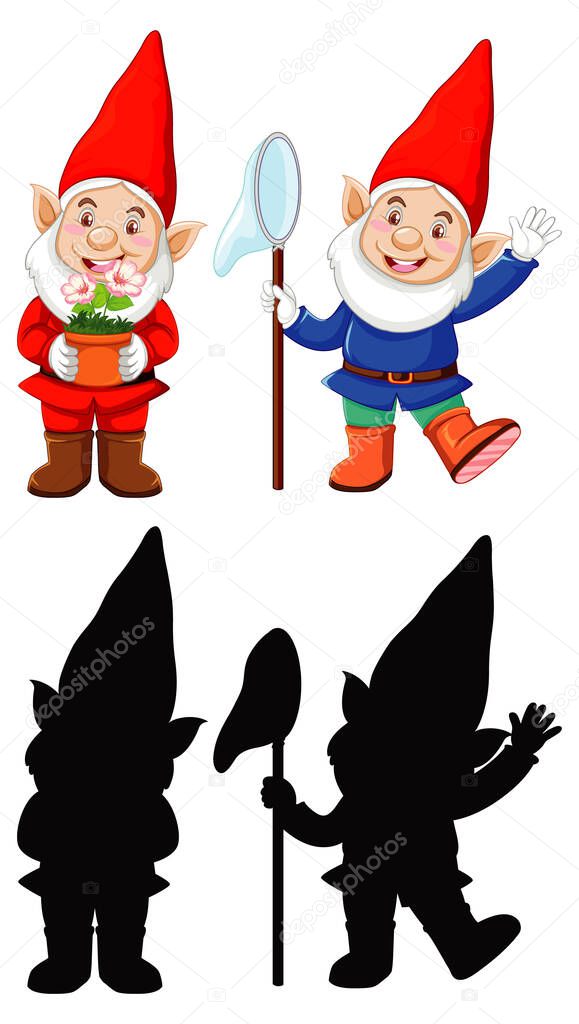 Gnome in santa costume in color and outline and silhouette in cartoon character on white background illustration