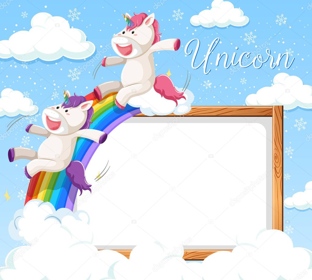 Blank banner with unicorns sliding on rainbow illustration