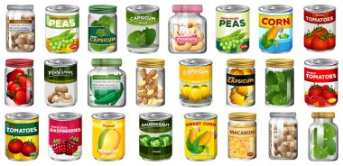 Kavanozlarda farklı konserve yiyecek ve yiyecekler izole edilmiş.