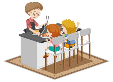 Baba çocukları için beyaz arkaplanda yemek pişiriyor.